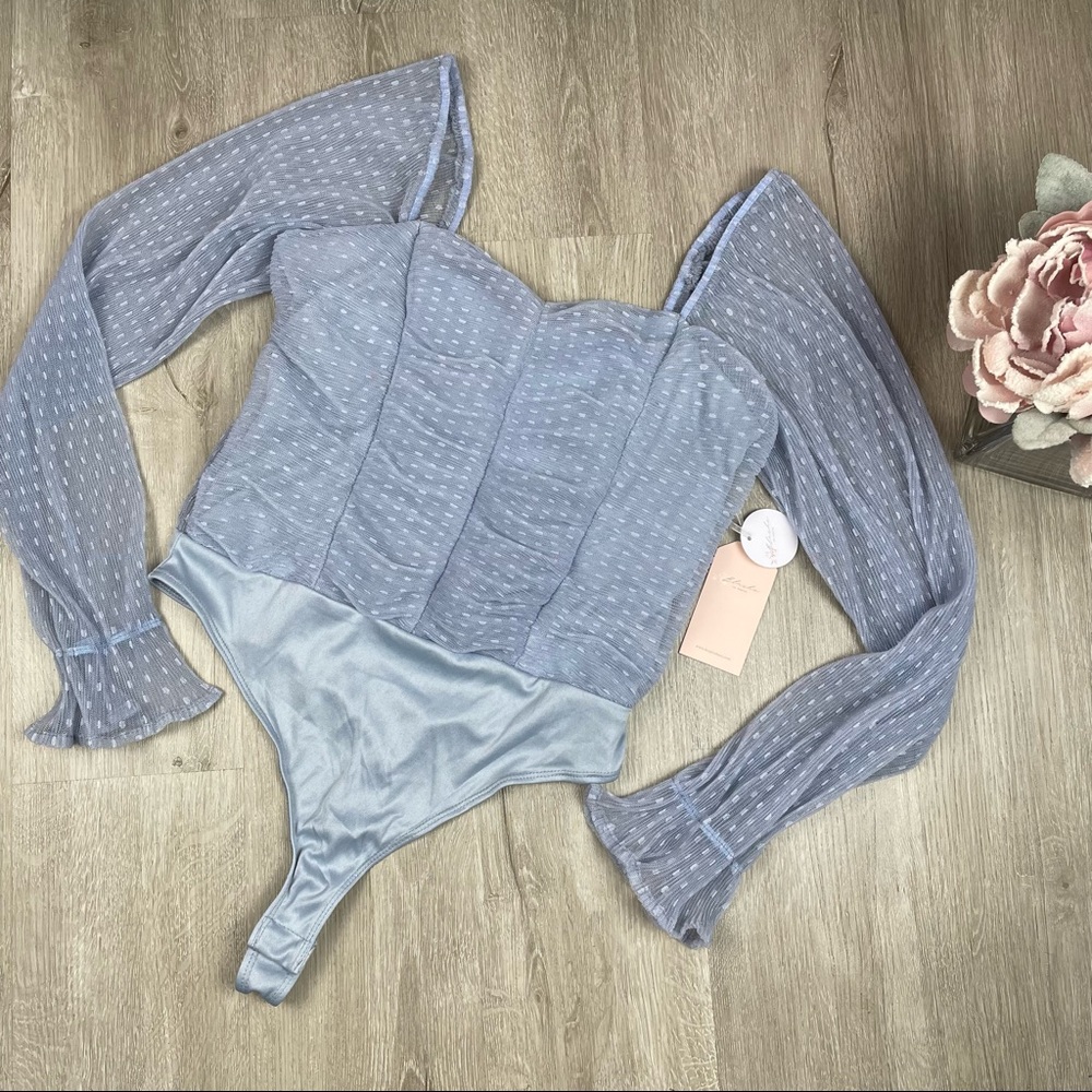 Blashe Thong Bodysuit Blue Sheer Sleeves Top Rouge